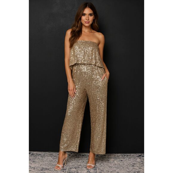 Gold Sequin Strapless Wide Leg Jumpsuit Size Small Holiday Party Evening Outfit - Picture 1 of 12